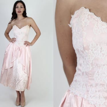 1980s Gunne Sax Pink Satin Strapless Prom Dress - Size 7 