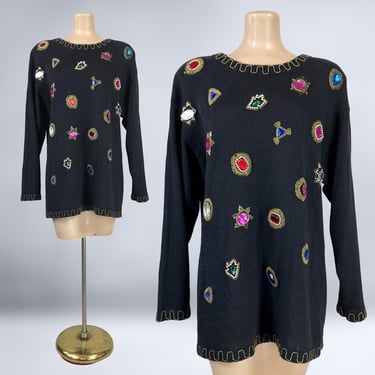 VINTAGE 80s Jewel Embellished Sweater by Victoria Harbour Size M | 1980s Long Tunic Sweater Jumper | VFG 