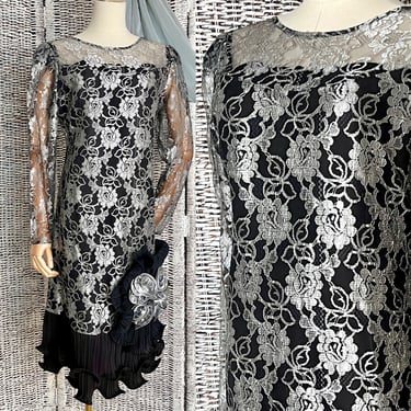 Black Lace Silver Lurex Cocktail Dress, Frilly, Sheer Illusion, Big Bow, Plus Size, Vintage 80s 