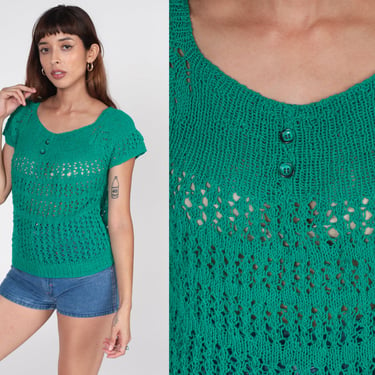 Green Crochet Top 80s Sheer Knit Blouse Open Weave Boho Shirt Bohemian Blouse See Through Retro Vintage Short Raglan Sleeve Small S 