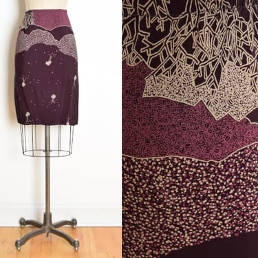 vintage 70s skirt plum graphic tree print high waisted rayon purple XS clothing 