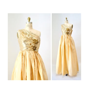 Gold Metallic 80's Prom Dress Size Small by Alyce Designs// Vintage Gold Metallic Sequin Pageant Party Gown Size Small 