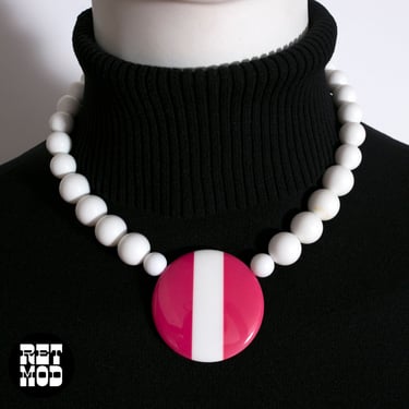 Geometric Vintage 80s 90s Pink White Beaded Statement Necklace 