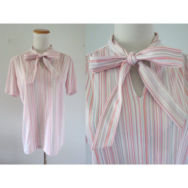Vintage Striped Bow Tie Blouse 70s 80s Stripe Short Sleeve Top Ascot Pussybow Secretary Style - Size Medium 