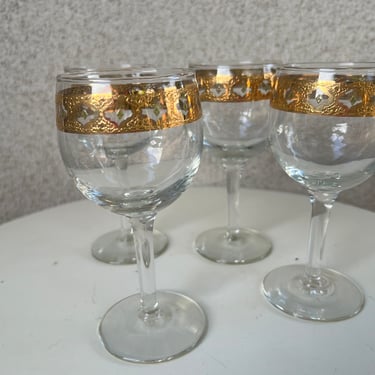 Vintage MCM Wine Glasses Set 4 Valencia By Culver Thin Gold Accent 