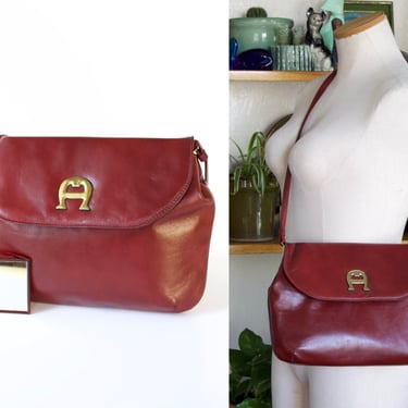 1970s Etienne Aigner Signature Cordovan Leather Flap Bag with Vanity Mirror - Vintage Medium Size Burgundy Purse - New Condition 