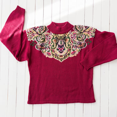 mock neck sweater | 80s 90s vintage raspberry pink red embroidered floral baroque turtleneck sweater 