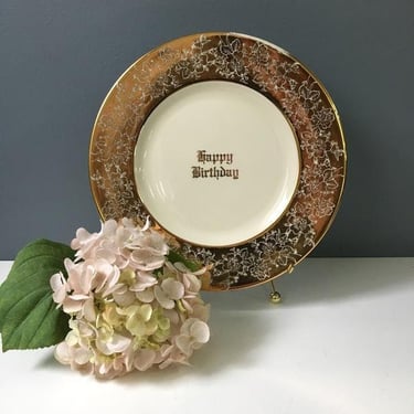 Happy Birthday decorative plate - gold and cream plate wall decor 