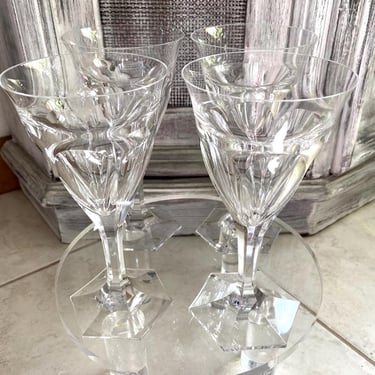 4 Elegant MOSER Crystal White Wine Glasses~ pattern Pope~ Blown Glass, Clear Cut 6 Paneled Pillar Stems, Octagon Square Base~Vinatge/Antique 