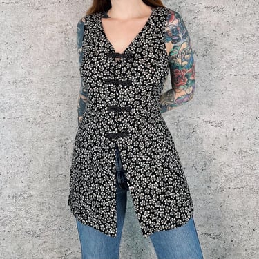 90's Chic Vintage Black Floral Sleeveless High Slit Vest Tank Top Mini Dress 