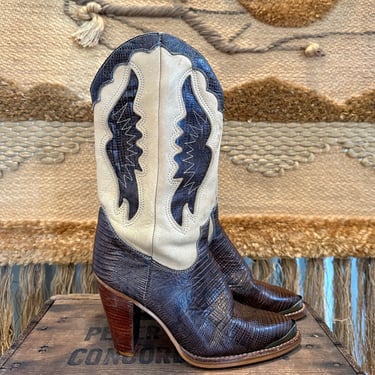 ZODIAC Vintage 80s Cowgirl Boots | Western Lizared Leather Winged Two Tone Inlay Design | 1980s Cowgirl | Festival | Womens Size 6.5 M 