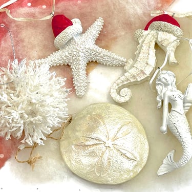 VINTAGE: 5pcs - Under The Sea Ornaments - Mermaid, Starfish, Sea Dollar, Sea Horse, Coral Ball - SKU 00035050 