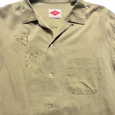 Vintage 1950s Atomic Era Embroidered RAYON Sport Shirt ~ M ~ Loop / Camp Collar ~ VLV / Elvis ~ Fleck 