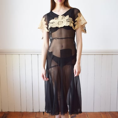 1930s Sheer Silk Gown with Lace Capelet Collar | XS/S 