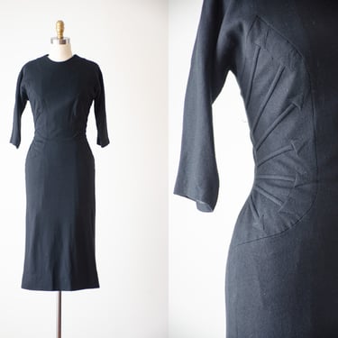 black wool dress | 50s vintage Pat Hartley arrow retro bombshell nipped waist long sleeve wiggle dress 