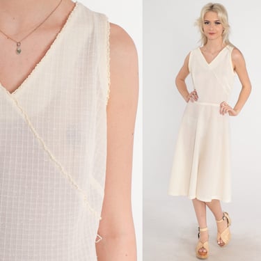 70s Day Dress Semi-Sheer Cream Checkered Midi Dress Retro Sundress High Waisted V Neck Sleeveless A Line Plain Faux Wrap Vintage 1970s Small 