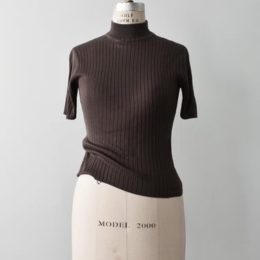 Vintage Ribbed Silk Knit Top, 90s Brown Mock Neck Shirt, XS / S 