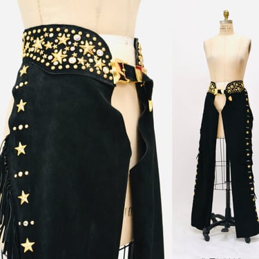 90s Vintage Black Gold Leather Vest Leather Chaps Pants Small Medium K Baumann Studded Leather Fringe Chaps Rhinestone Cowgirl Cowboy Rodeo 