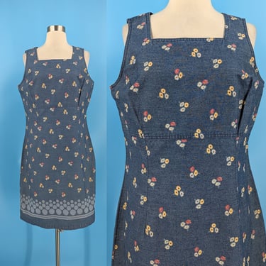 Nineties Liz Claiborne 12 Sleeveless Denim Print Shift Dress with Square Neckline - 90s Large Daisy Printed Denim Dress 