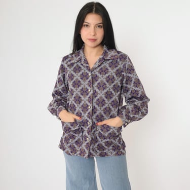 Vintage 70s Geometric Blouse Damask Print Disco Top Bohemian Shirt Op Art 1970s Hippie Purple Long Sleeve Button Up Boho Retro Medium M 