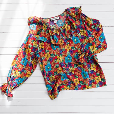 silk ruffled blouse | 80s 90s vintage bright rainbow floral red yellow blue frilly billowy poet blouse 