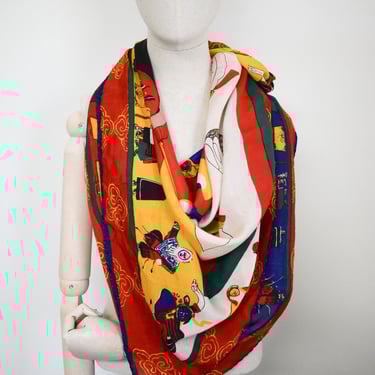 1940s Multi-National Costume and Mask Print Oversized Scarf 