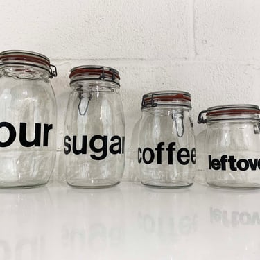 Vintage Glass Kitchen Canister Set of 4 MCM Kitchen Storage Flour Sugar Coffee Leftovers Triomphe France Hermetic Seal Top Metal Wire Bale 