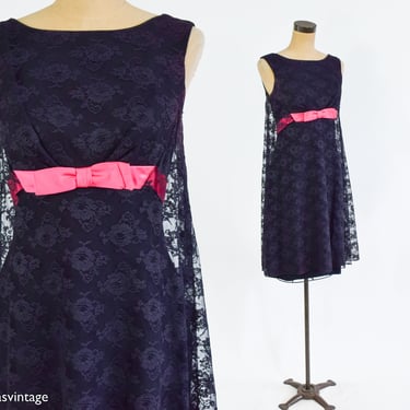 1960s Black Lace & Hot Pink Party Dress | 60s Black Lace Cocktail Dress | Black Tent Dress | Twiggy Dress | 