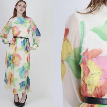 70s Bright Floral Chiffon Maxi Dress, Colorful Watercolor Print, Beautiful Long Silk Painting Dress 