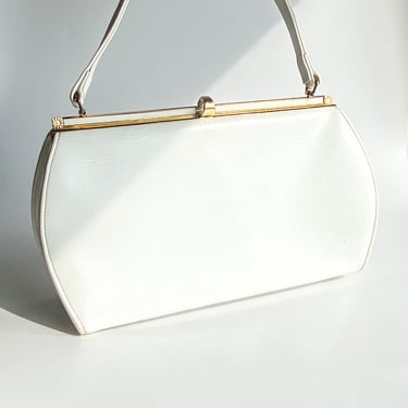 1960s White Faux Leather Rectangle Top Handle Bag