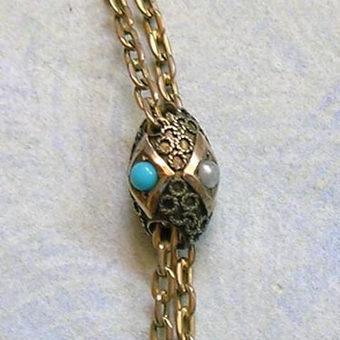 Antique Victorian 10K Slide With Pearls and Turquoise and GF Chain, Gold Filled Victorian Watch Chain With 10K Slide (#4642) 