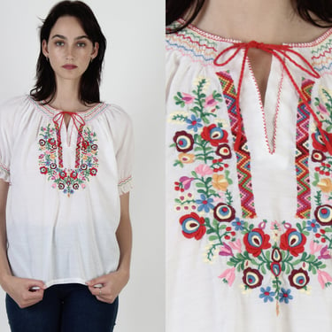 Vintage 70s Swiss Blouse / Thin White Hungarian Style Folk Blouse / Sheer Peasant Scandanavian Floral Embroidered Smocked Prairie Ethnic Top 