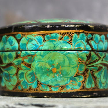 Lacquered Wooden Covered Trinket Box | Teal, Gold, and Black Lacquered Small Trinket Box 