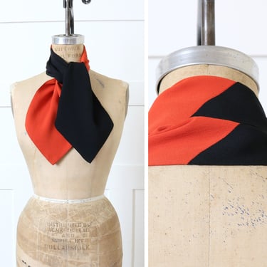 vintage 1940s rayon crepe neck scarf • bold dramatic red & black color block ascot tie 