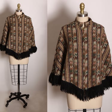 1970s Brown, Black and Earth Tone Tapestry Zig Zag Black Fringe Poncho by Cimarron Square 