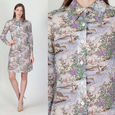 70s Novelty Floral & Duck Print Sheer Mini Dress - Small | Vintage Tiklas Collared Long Sleeve Shift Shirtdress 