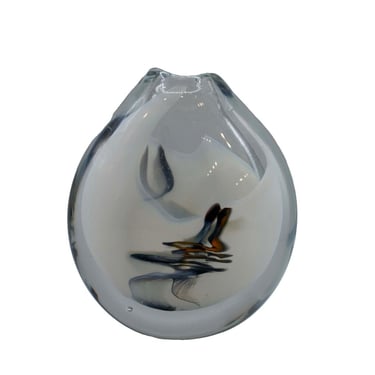 Sharon Fujimoto Modern White with Blue Swirl Design Studio Art Glass Vessel Vase 