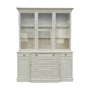 Faux Bamboo China Cabinet by Jasper - Vintage Antique White Chinoiserie Illuminated Lighted Glass Display Case Breakfront Butler’s Hutch 