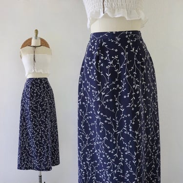 ditsy floral maxi skirt - s - vintage 90s y2k dark blue size small womens daisy summer cute cottage cottagecore long skirt 