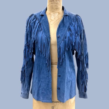 Vintage Fringe Jacket Retro 1990s Genuine Leather + Pia Rucci + Size Medium + Suede + Blue +  Blazer Coat + Western Wear + Womens Apparel 