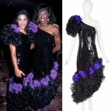 1988 Documented Vintage Black Sequin Ruffle One-Shoulder Gown Sz S 