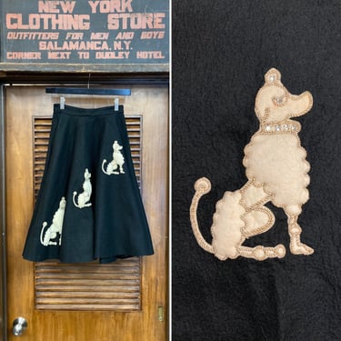 Vintage 1950’s Original Felt Appliqué Rockabilly Poodle Circle Skirt, 1950s Skirt, Poodle Skirt, Rockabilly, Appliqué Poodle, Rhinestone 