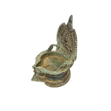 Antique India Patinated Bronze Oil Lamp with Striking Verdigris Patina 