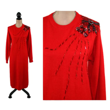 80s Beaded Sweater Dress Medium, Mid Calf Long Sleeve Red Modest Dress for Christmas Church or Holiday Party, 1980s Clothes Women Vintage 