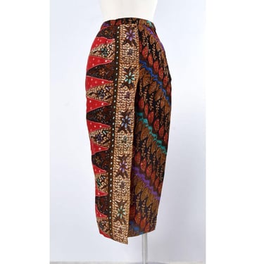 1960's Wrap Batik Print Pencil Skirt Vintage Cotton India Small Dress 1950's Mid Century 