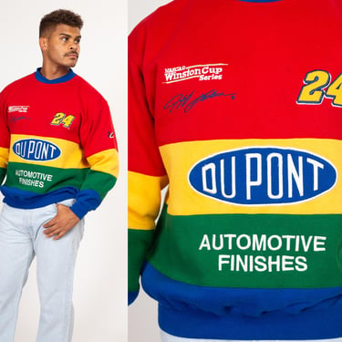 Large 90s NASCAR Jeff Gordon Dupont Rainbow Color Block Sweatshirt | Vintage Winston Cup Racing Sponsor Graphic Crewneck 