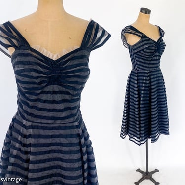 1950s Black Tulle Party Dress | 50s Black Striped Sweetheart Evening Dress | Medium 