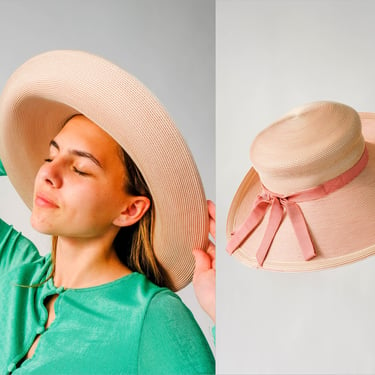 Vintage 90s Eric Javits Dusty Rose Pink Flanged Wide Brim Sun Hat w/ Grosgrain Bow | Water Repellent, Packable | 1990s Designer Floppy Hat 