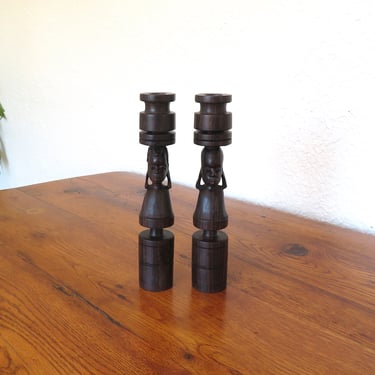 Vintage African Folk Art Carved Wood Candlestick Holder Pair Ebony 