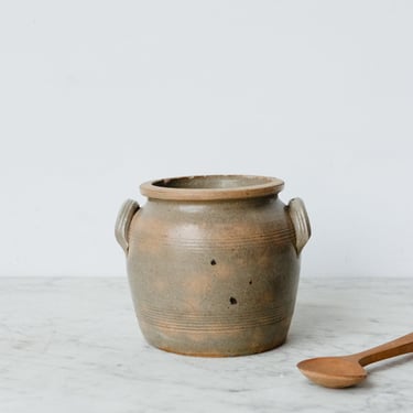 Vintage Stoneware Crock with Carved Wood Spoon